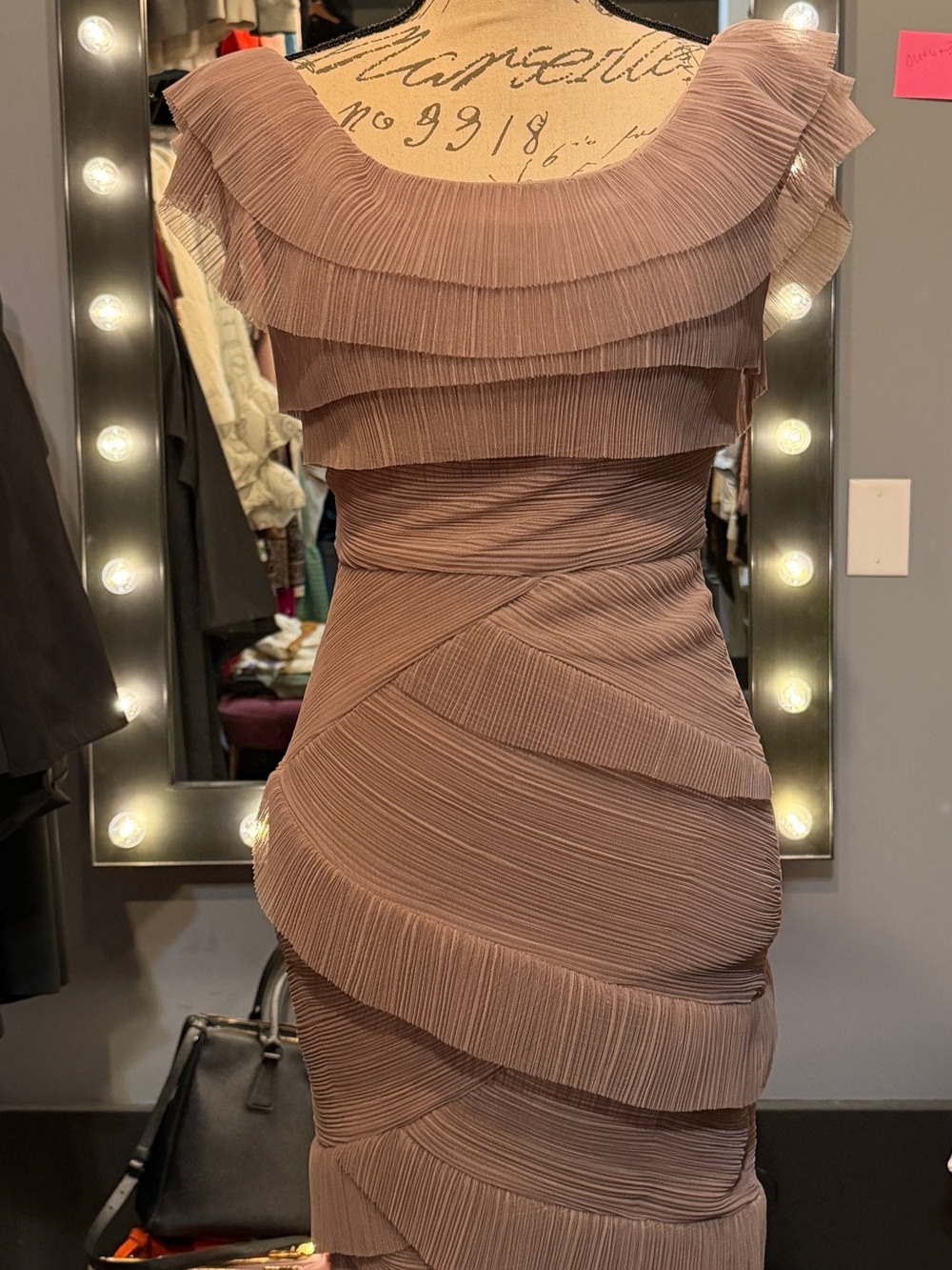 BCBG Maxazria Tiered Ruffle Bodycon Dress in Mauve